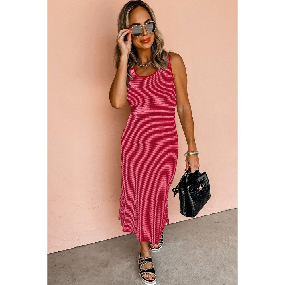 SHEWIN WOMEN RED STRIPED CRISS CROSS BACK SIDE SLITS SLIM FIT SLEEVELESS DRESS